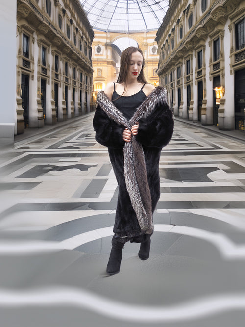 Black mink coat with indigo fox trim styled open over a black dress, perfect for upscale winter outings in L/XL sizing.