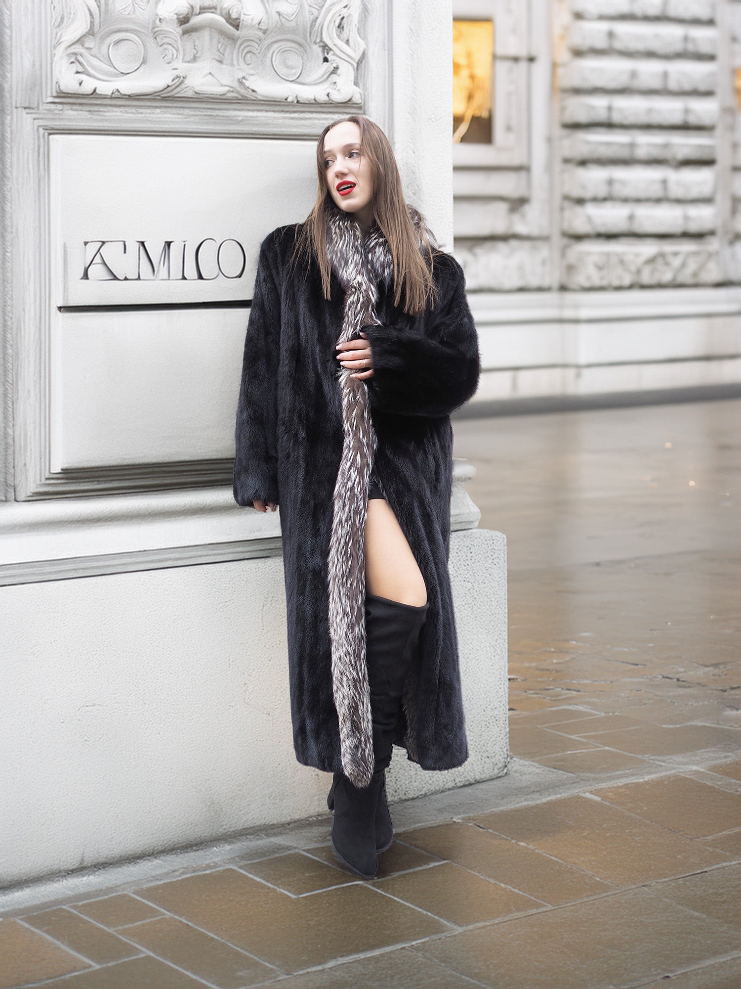 Chic black mink fur coat with silver fox collar, styled with thigh-high boots for a bold winter streetwear look in L/XL.