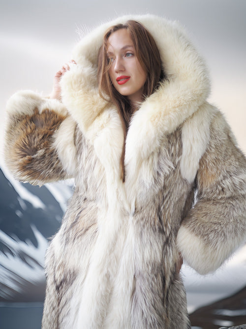 "The Icebound Empress"- Full-Length Coyote Parka with Dramatic Fur Lined Hood