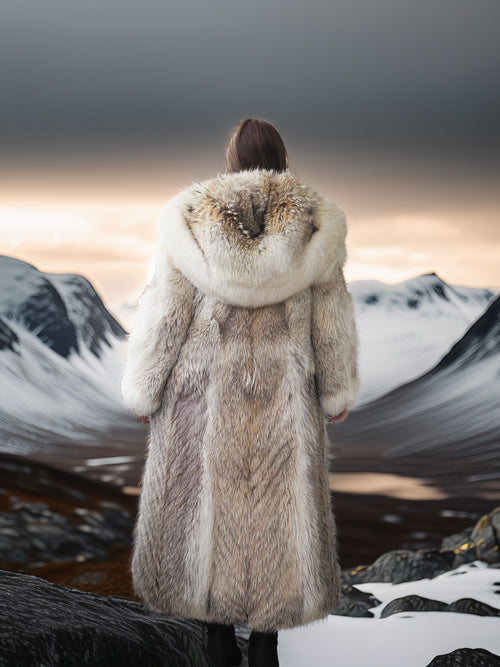 "The Icebound Empress"- Full-Length Coyote Parka with Dramatic Fur Lined Hood