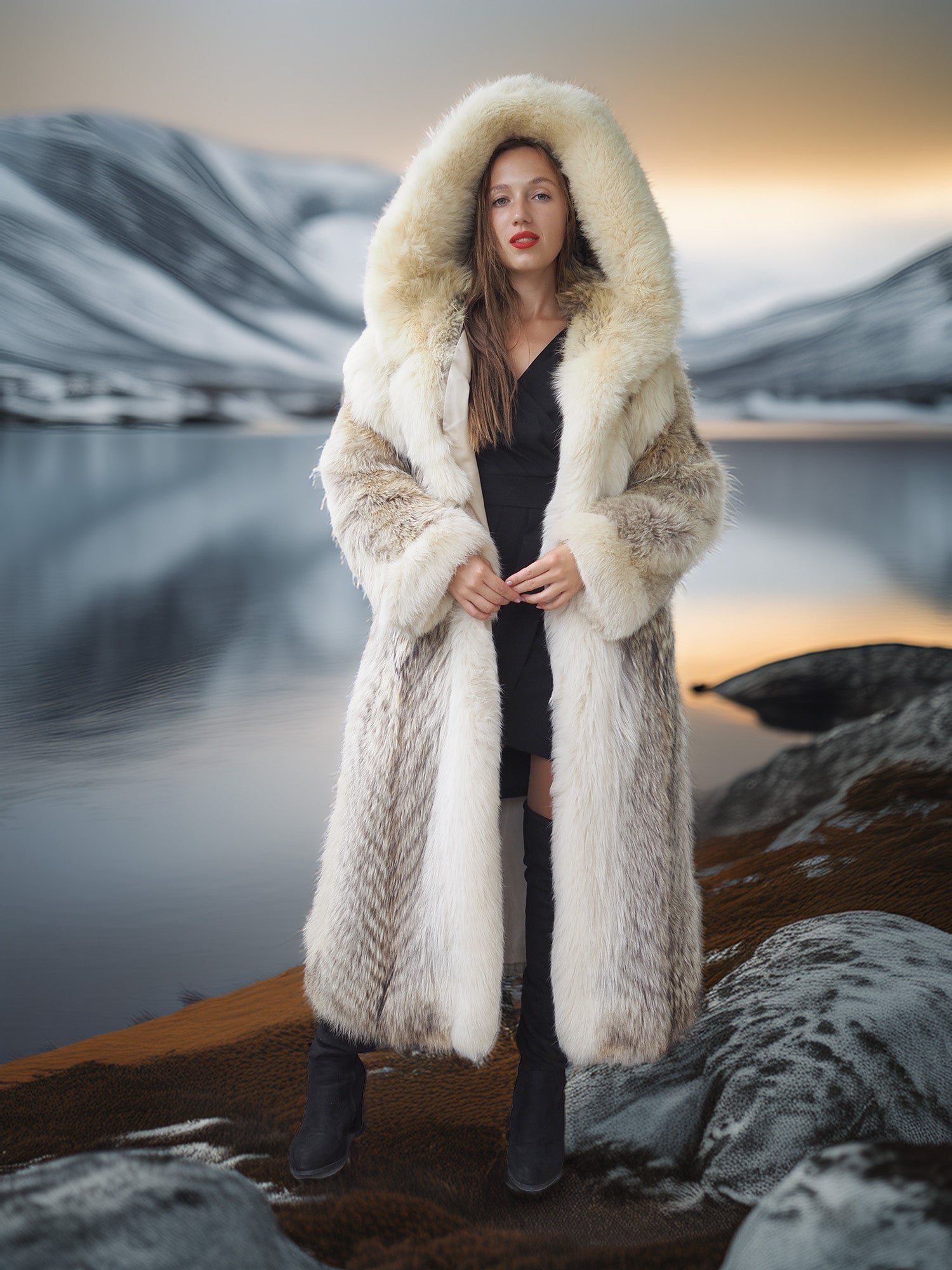 "The Icebound Empress"- Full-Length Coyote Parka with Dramatic Fur Lined Hood