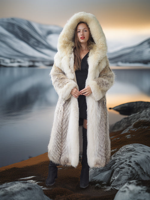"The Icebound Empress"- Full-Length Coyote Parka with Dramatic Fur Lined Hood
