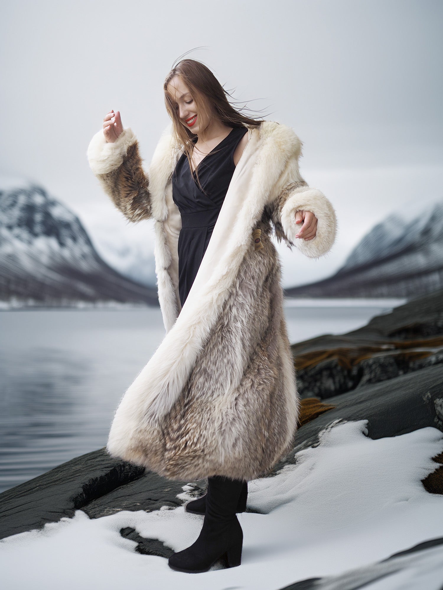 "The Icebound Empress"- Full-Length Coyote Parka with Dramatic Fur Lined Hood