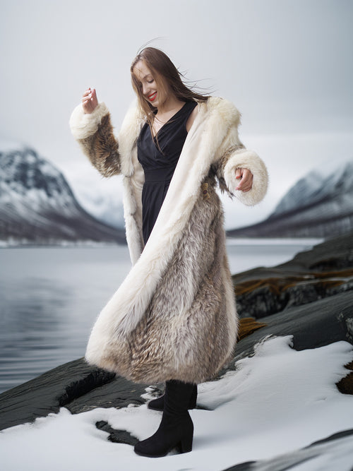 "The Icebound Empress"- Full-Length Coyote Parka with Dramatic Fur Lined Hood