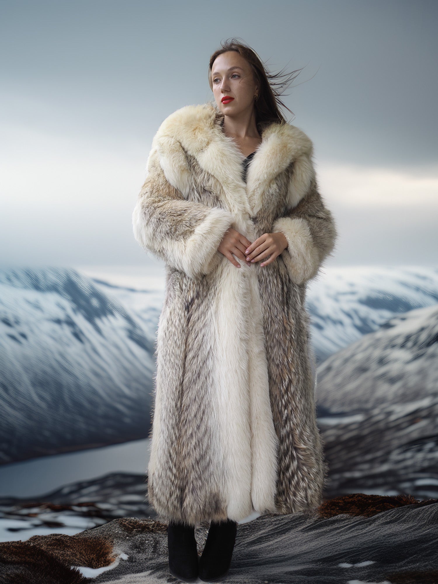 "The Icebound Empress"- Full-Length Coyote Parka with Dramatic Fur Lined Hood