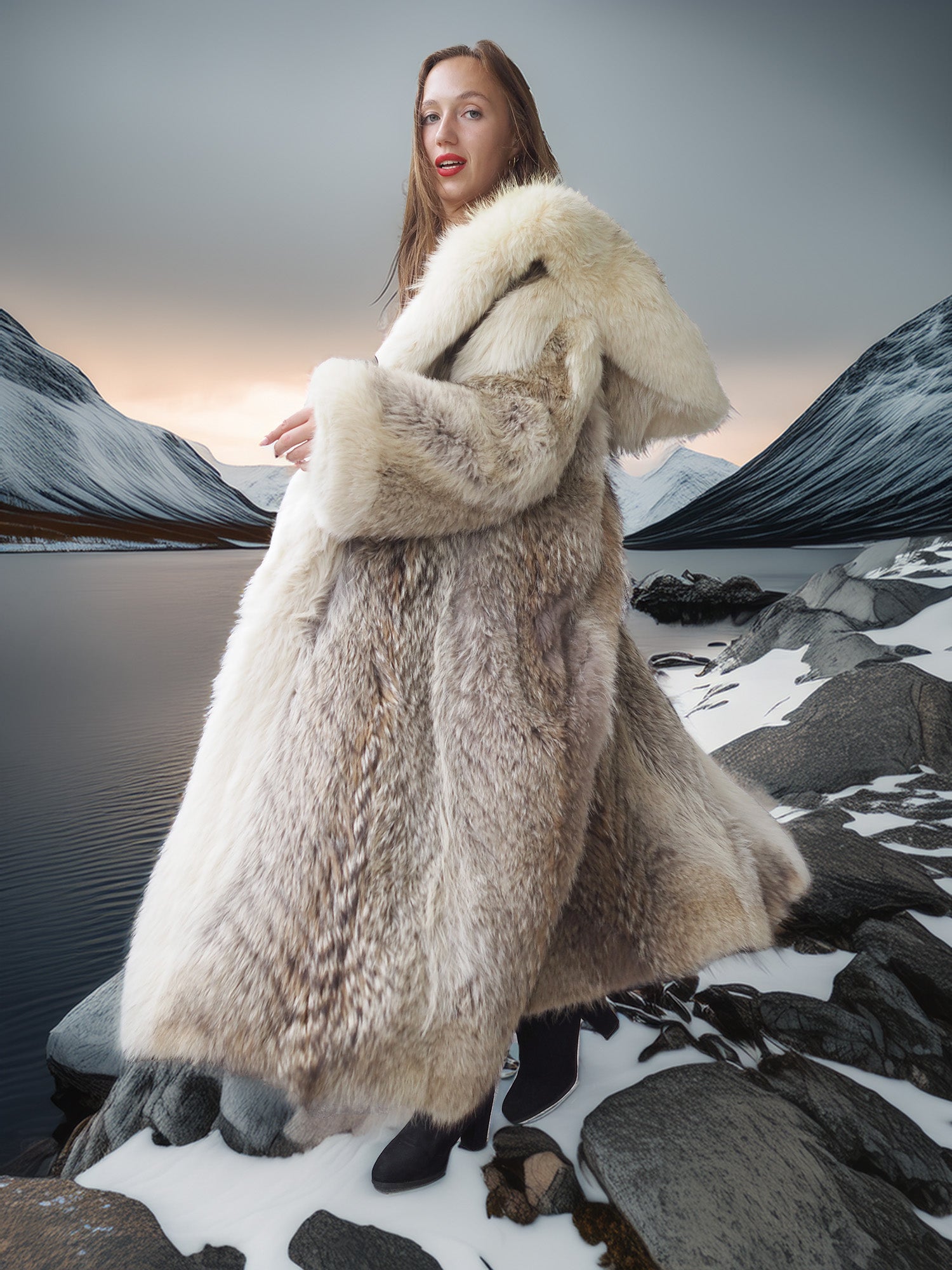 "The Icebound Empress"- Full-Length Coyote Parka with Dramatic Fur Lined Hood