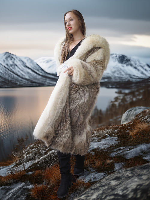 "The Icebound Empress"- Full-Length Coyote Parka with Dramatic Fur Lined Hood