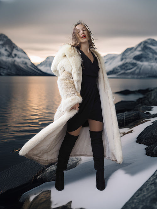 "The Icebound Empress"- Full-Length Coyote Parka with Dramatic Fur Lined Hood
