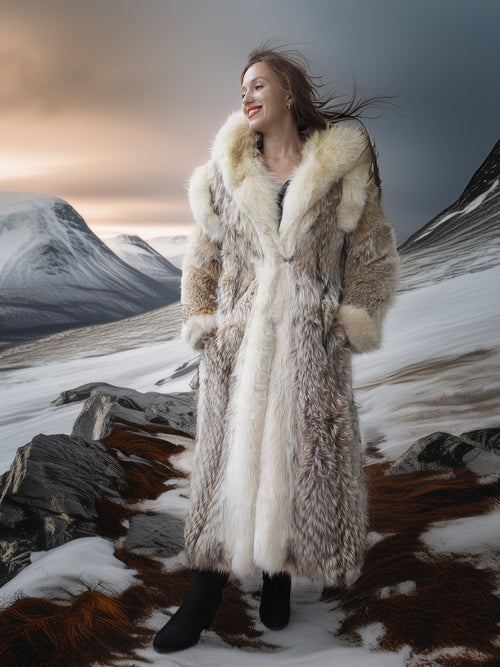 "The Icebound Empress"- Full-Length Coyote Parka with Dramatic Fur Lined Hood