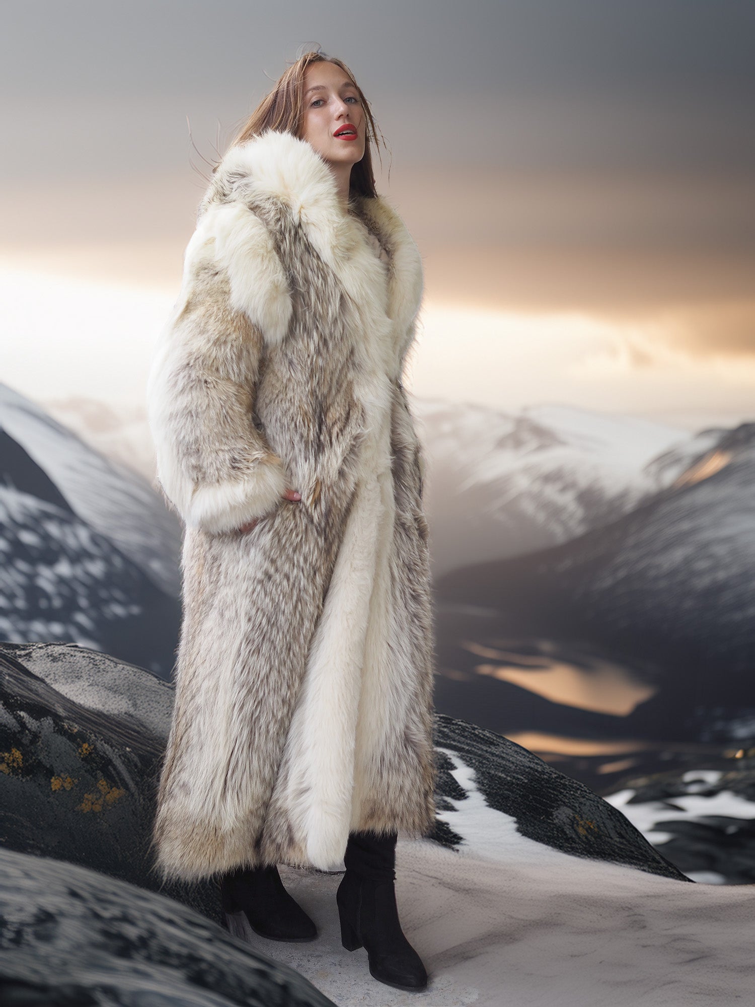 "The Icebound Empress"- Full-Length Coyote Parka with Dramatic Fur Lined Hood