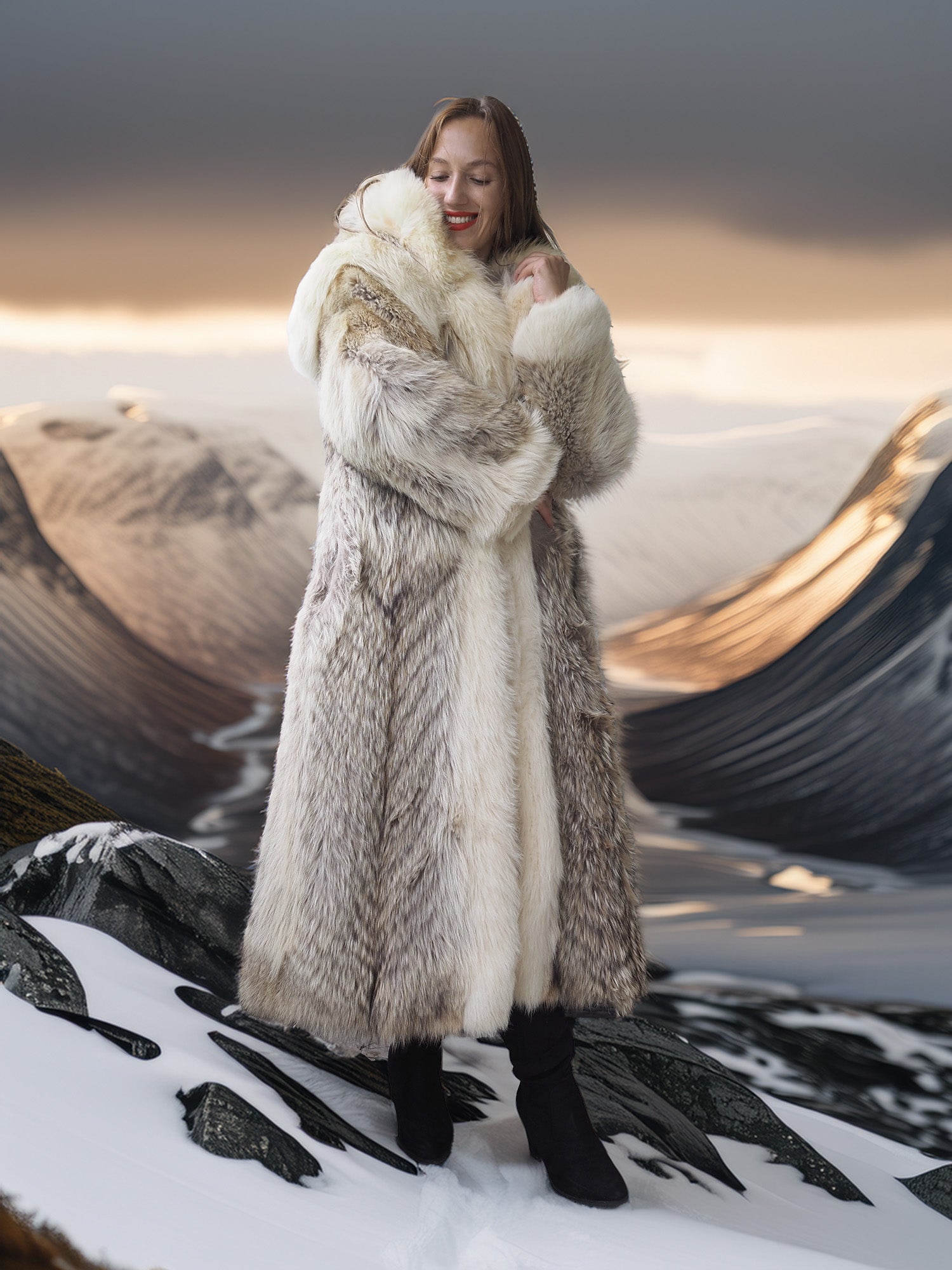 "The Icebound Empress"- Full-Length Coyote Parka with Dramatic Fur Lined Hood