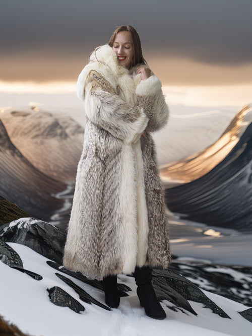 "The Icebound Empress"- Full-Length Coyote Parka with Dramatic Fur Lined Hood