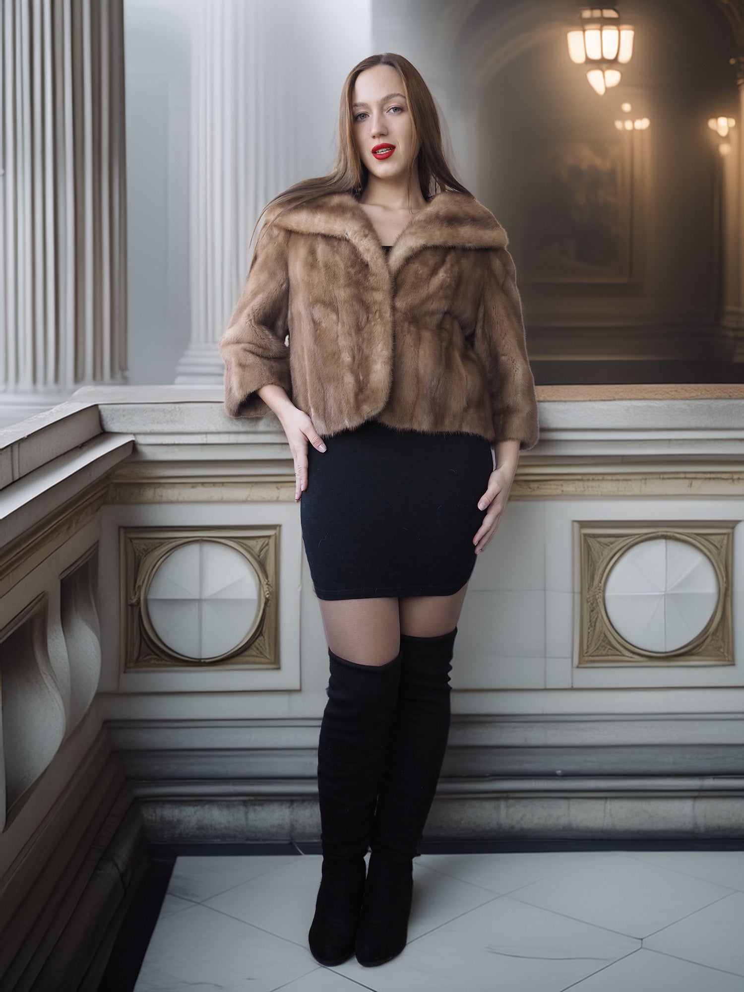 Woman wearing a fur coat and black knee-high boots in an elegant interior setting.