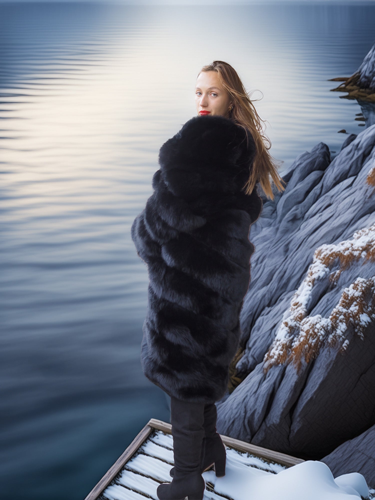 Person wearing a fur coat standing on a snowy dock by a body of water.