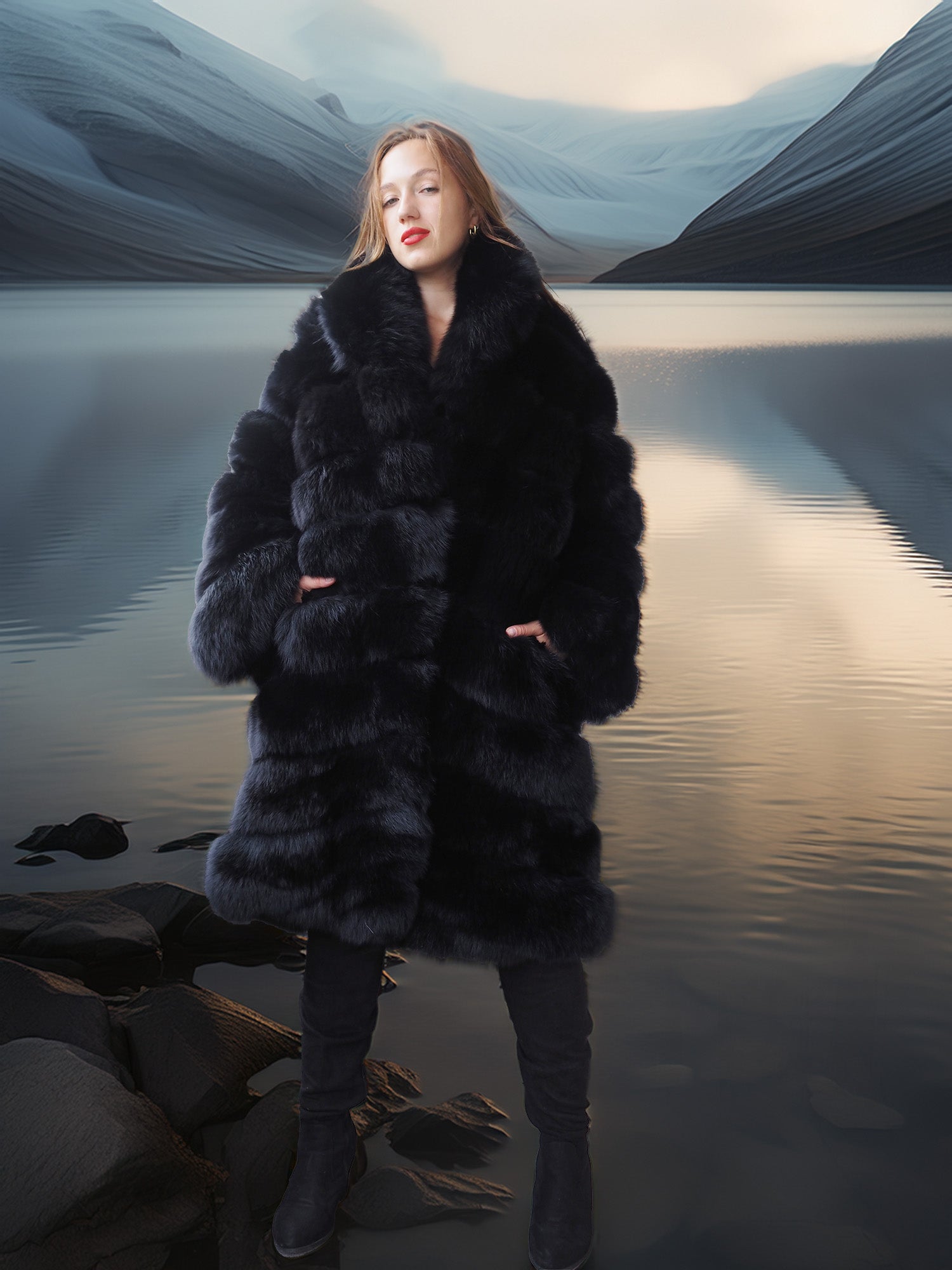Person wearing a fur coat standing on a reflective water surface with mountains in the background