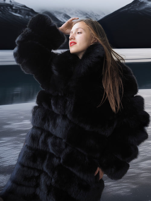 Woman wearing a black fur coat with a mountainous landscape in the background