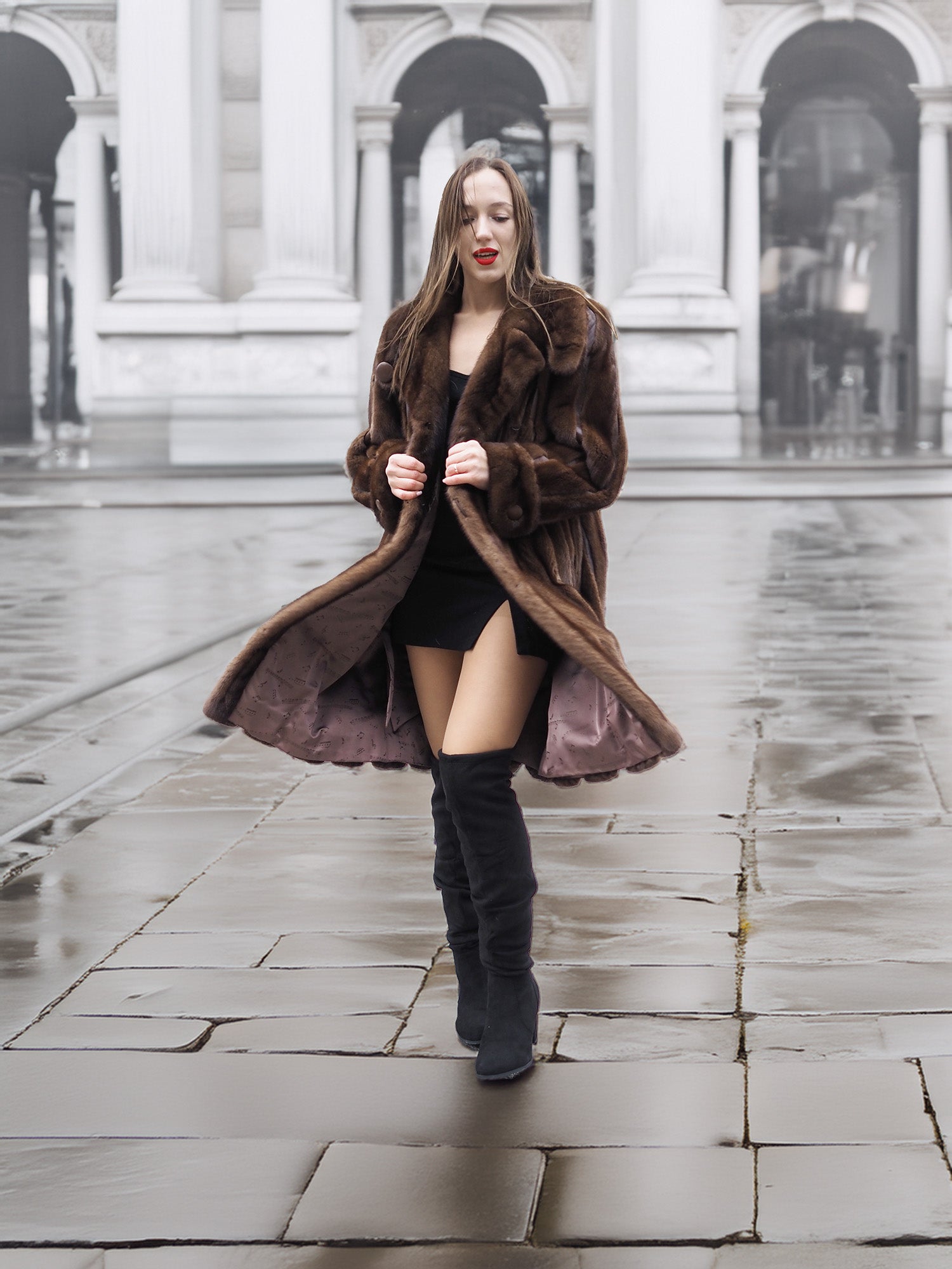 Model in dark mahogany vintage mink fur coat with satin lining, ideal for stylish winter wear in the outerwear apparel category.