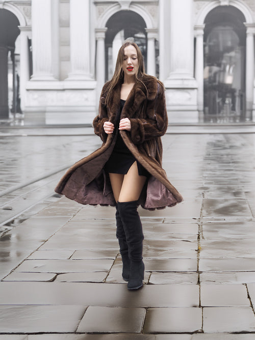 Model in dark mahogany vintage mink fur coat with satin lining, ideal for stylish winter wear in the outerwear apparel category.