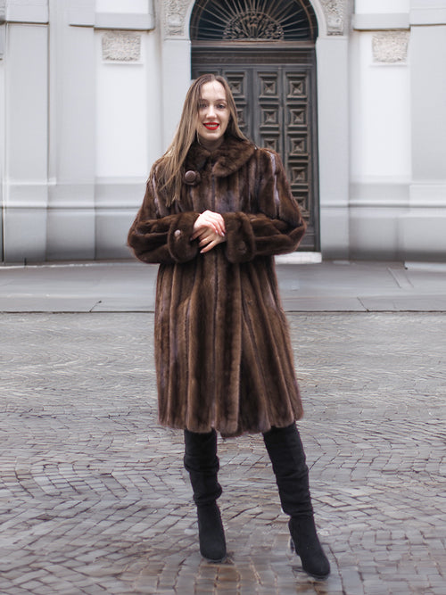 Classic dark brown mink fur coat with front button detail, styled for medium size in the vintage outerwear collection.
