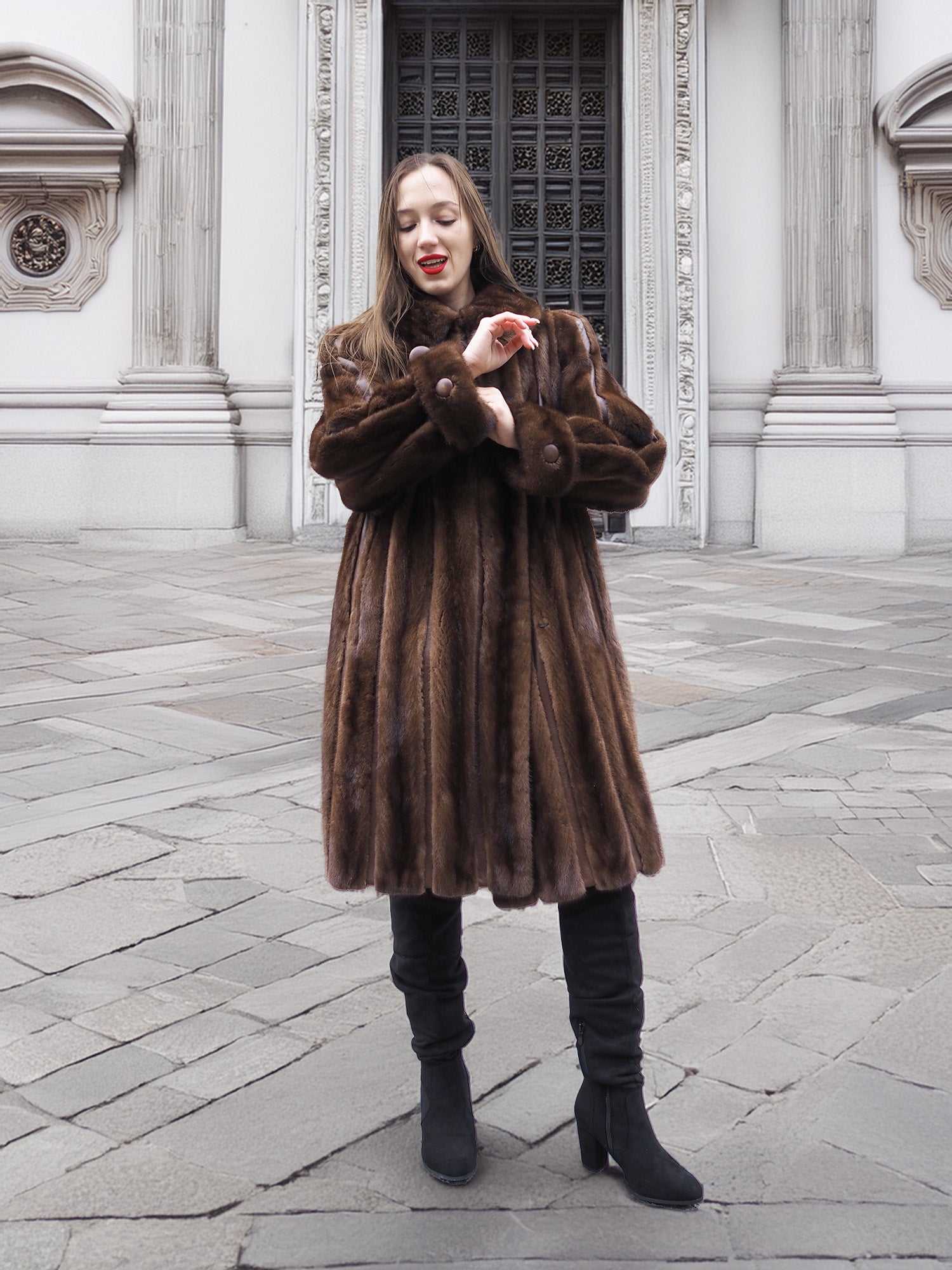 Front view of woman in dark mahogany mink fur coat, styled for medium size in elegant vintage outerwear fashion.