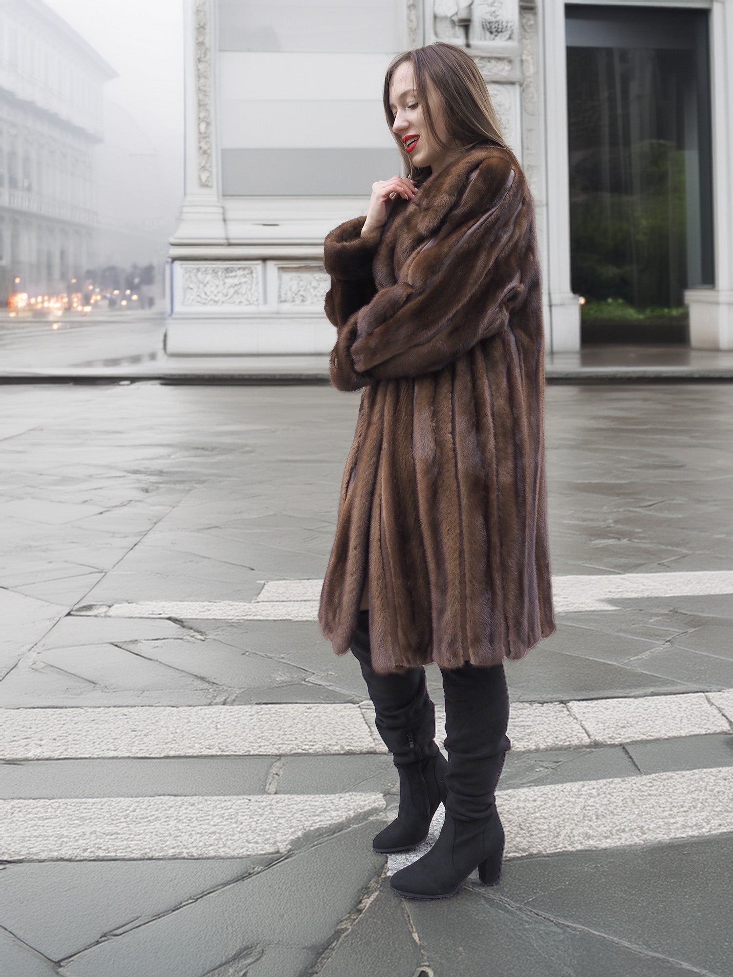 Side view of vintage mink fur coat in dark brown, ideal for elegant winter fashion in the outerwear category.