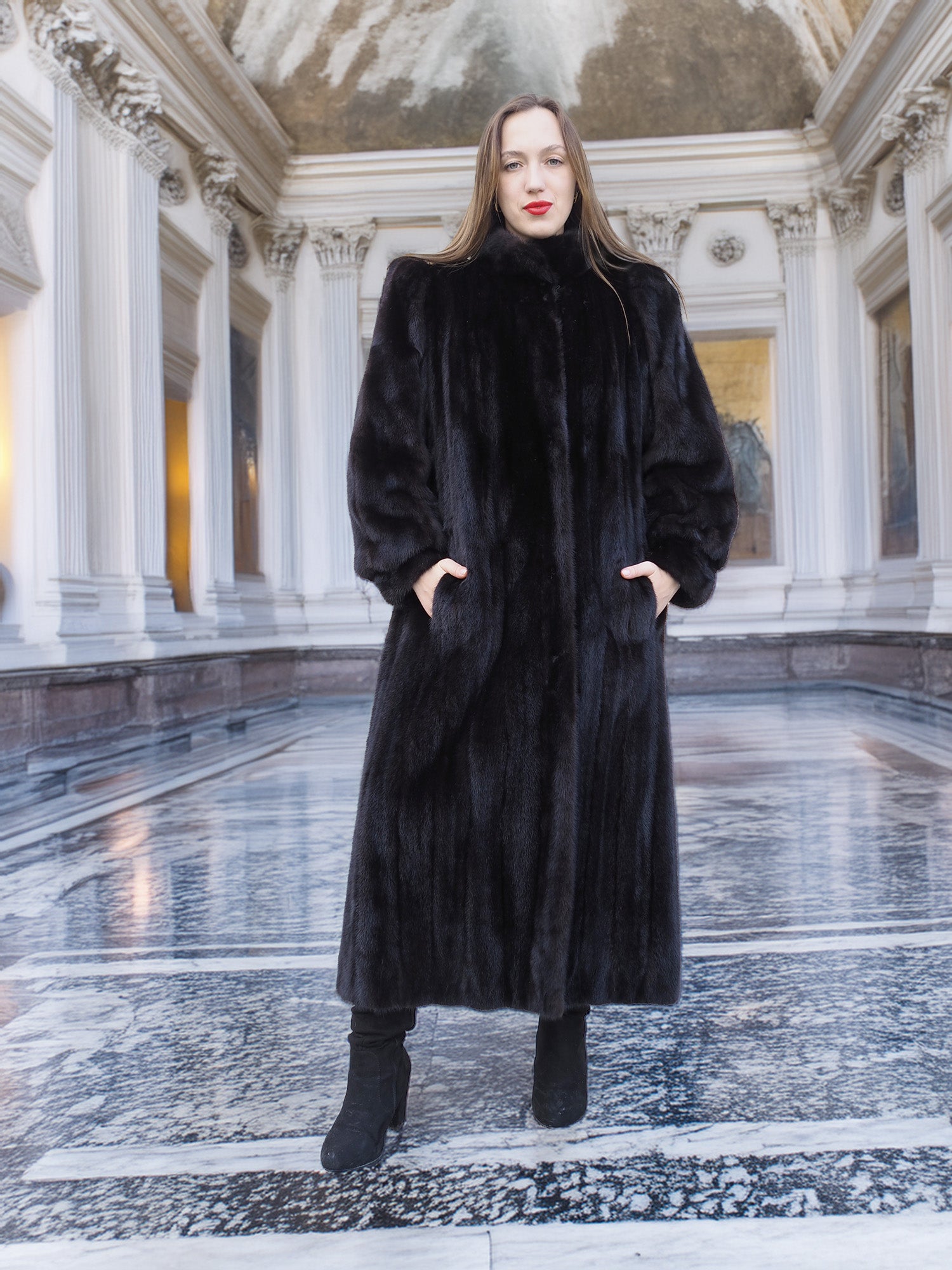 Black Mink Fur Coat – Full Length Elegance with Regal Volume | Size M