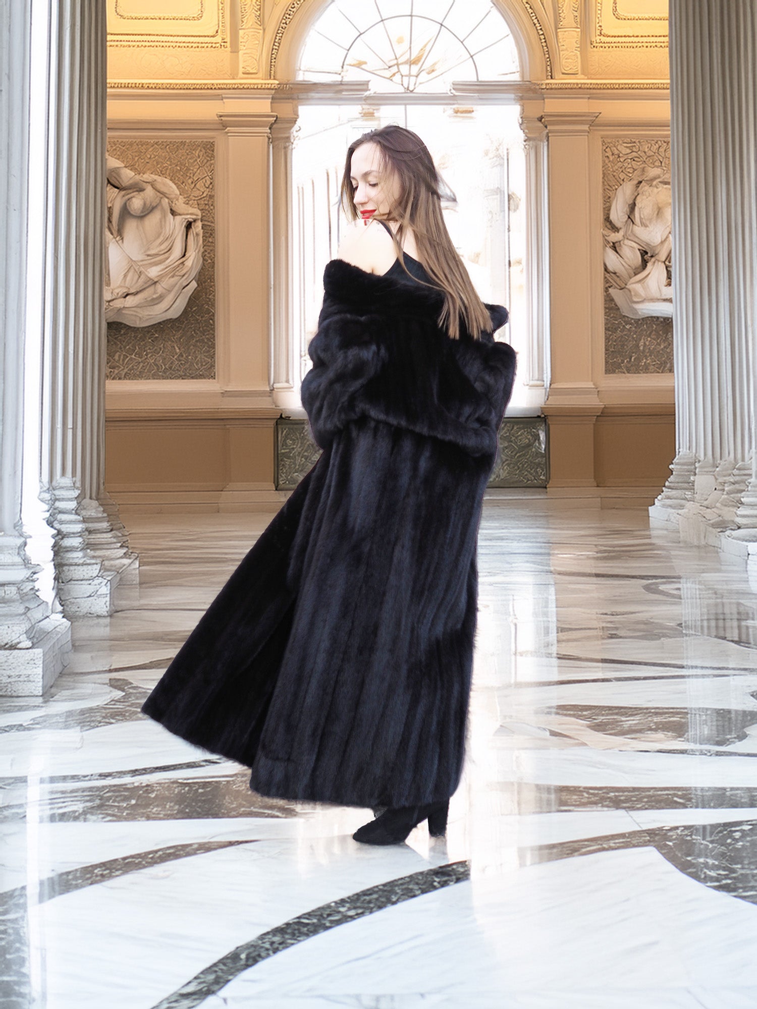 Black mink fur coat draped off shoulder, revealing black dress underneath. Elegant and versatile luxury outerwear, size M.