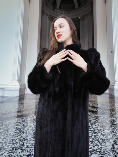 Black Mink Fur Coat – Full Length Elegance with Regal Volume | Size M