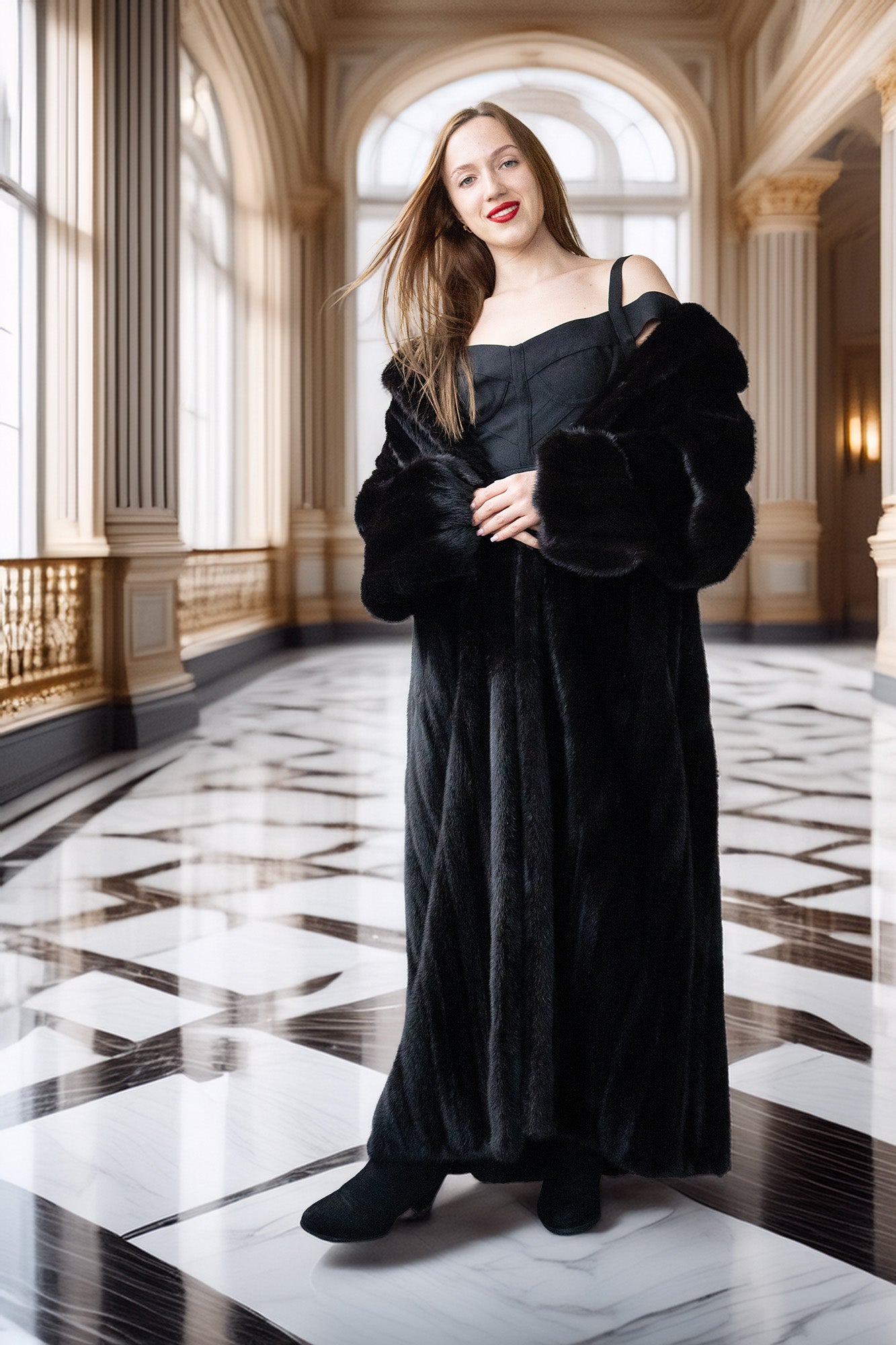 Woman in a black dress standing in an elegant interior setting with marble floors and large windows.