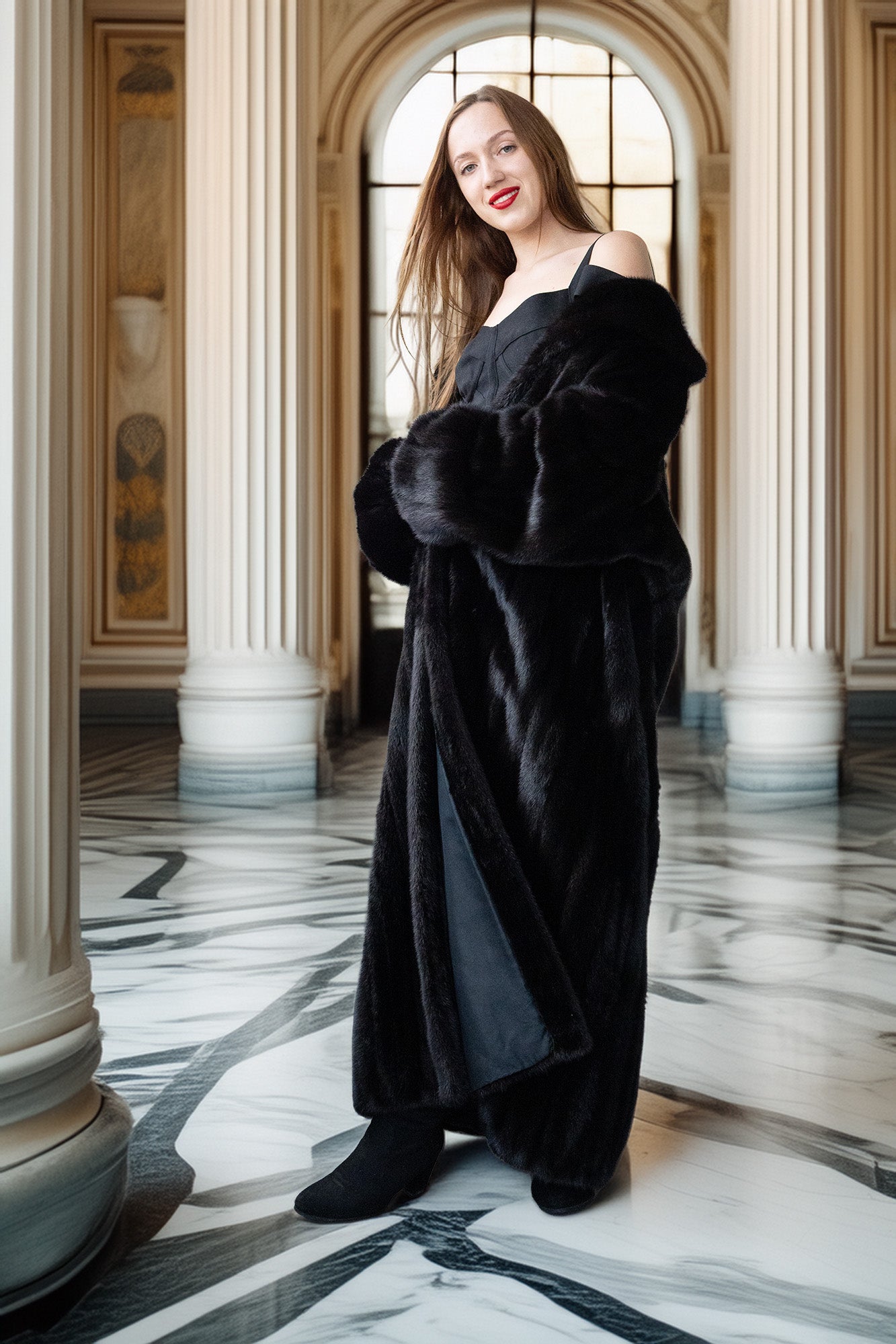 Woman in a black coat standing in an elegant interior setting with marble floors and columns.