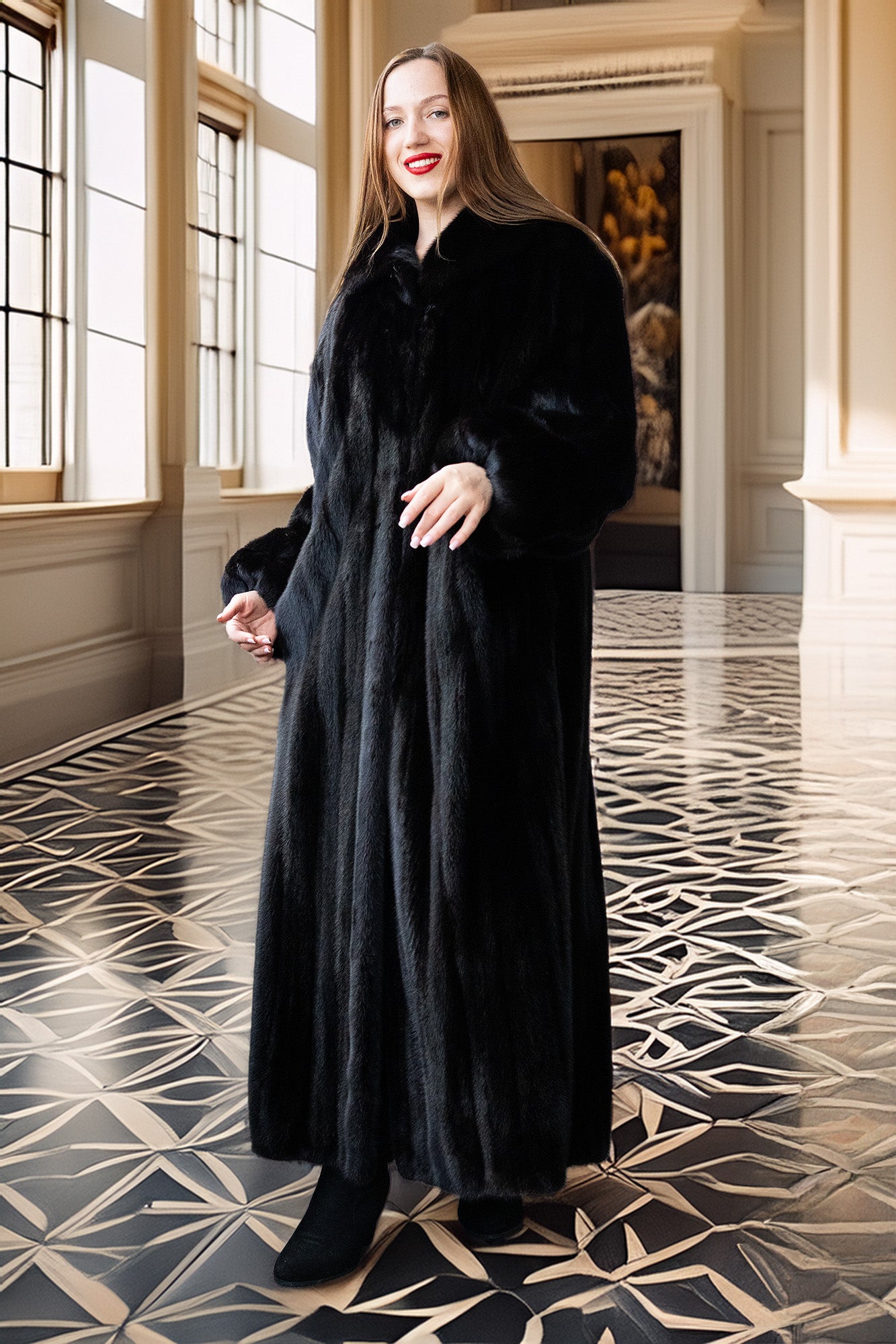 Woman wearing a long black coat in an elegant interior setting