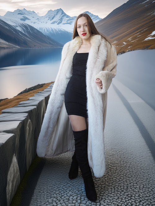 Woman in a long white fur coat standing in front of a mountainous landscape with a lake.