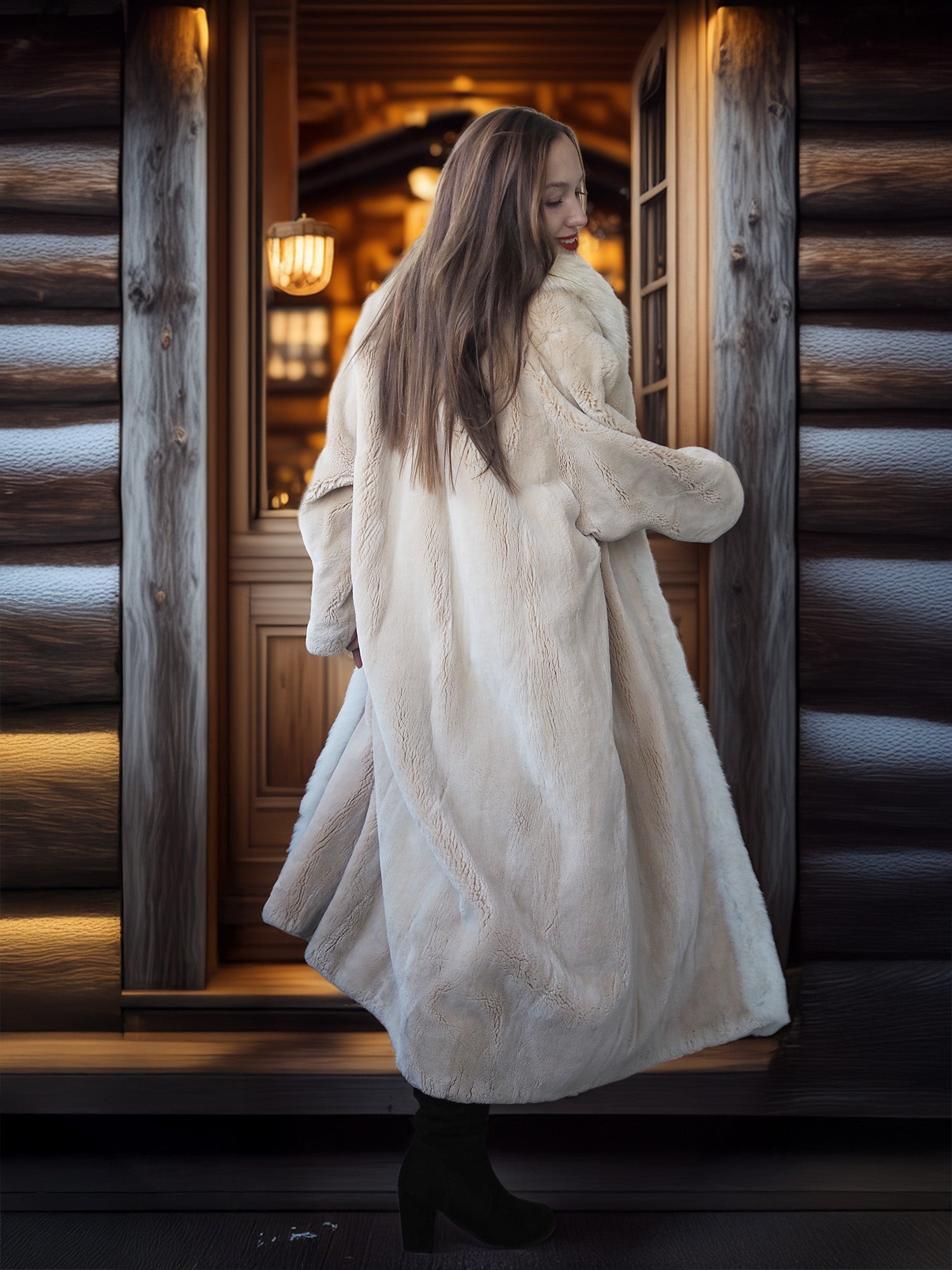 Woman in a long white fur coat standing in front of a wooden cabin.