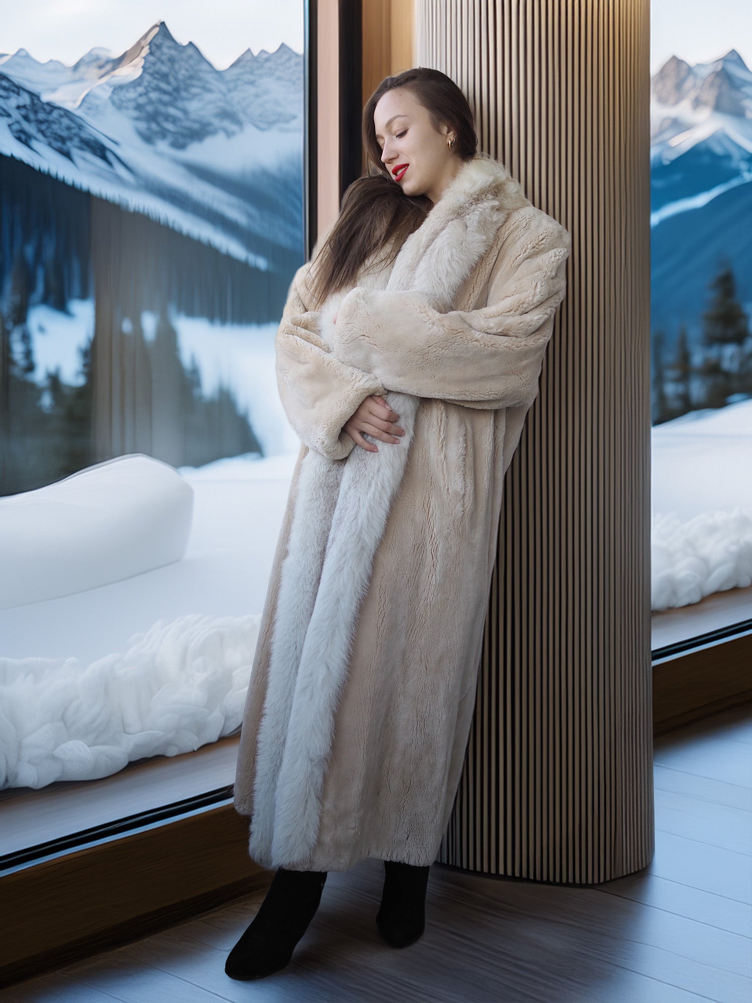 Woman in a fur coat standing in front of a window with mountain views