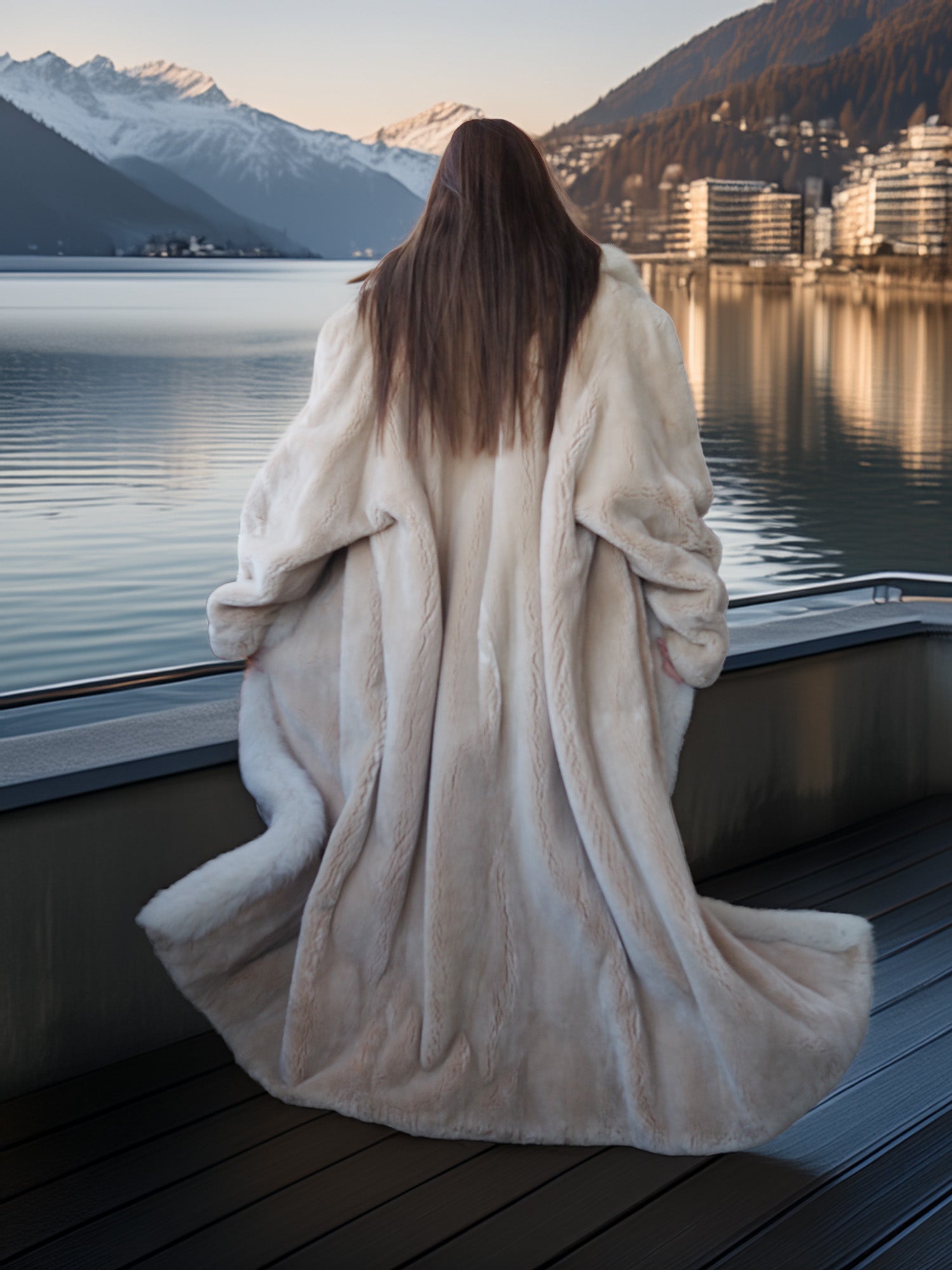 Person in a fur coat standing by a lake with mountains in the background