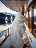 Woman in a fur coat on a boat with mountains and water in the background