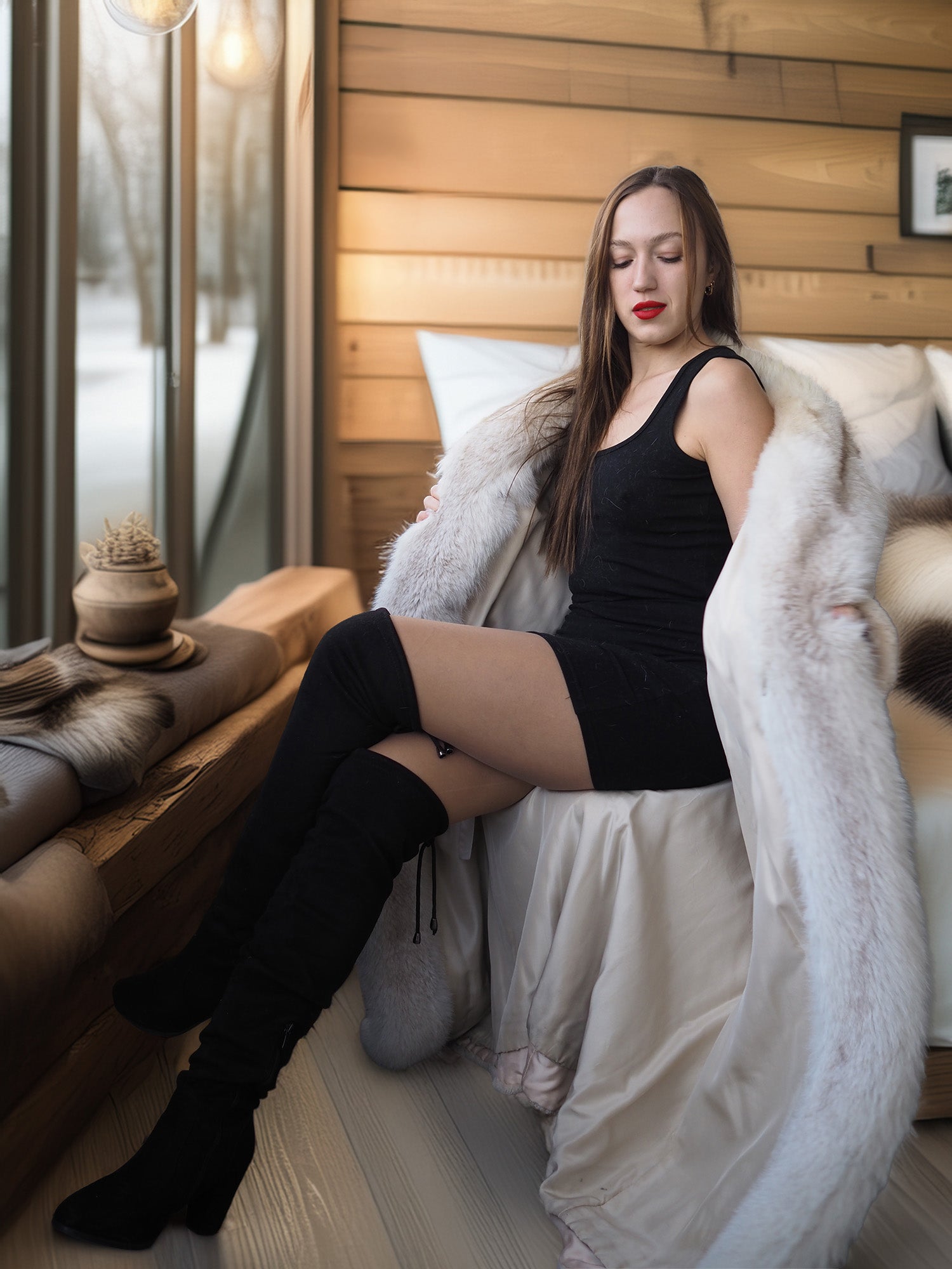 Woman in black outfit with knee-high boots sitting on a bed in a cozy room.