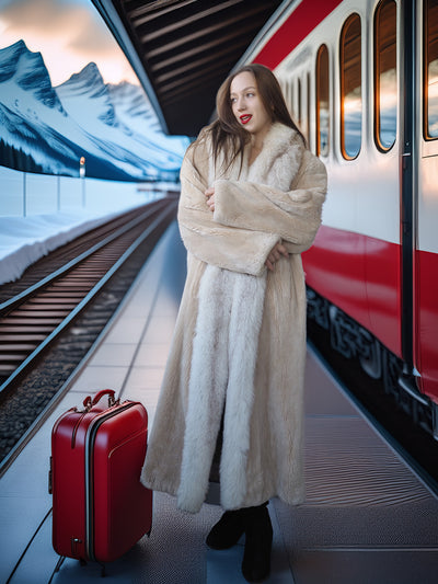 Woman in a fur coat with a red suitcase standing on a train platform with mountains in the background