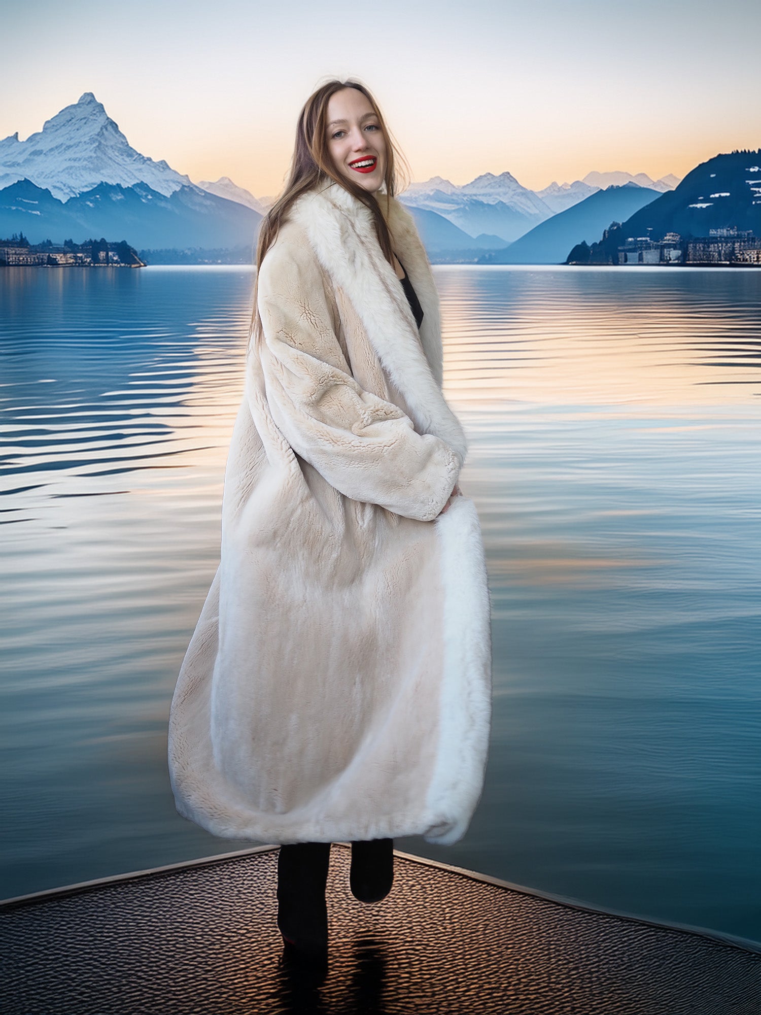 Woman in a fur coat standing by a lake with mountains in the background