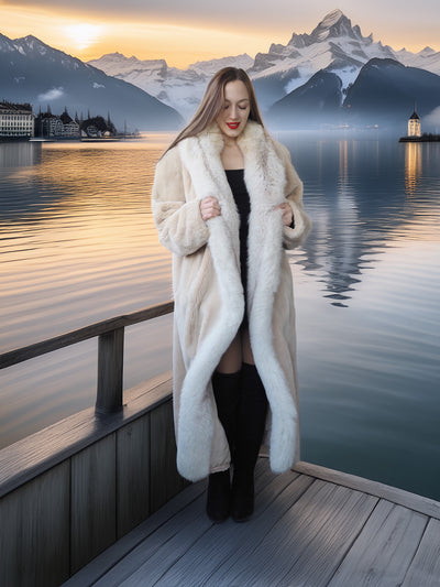 Woman in a white fur coat standing on a dock with mountains and a lake in the background