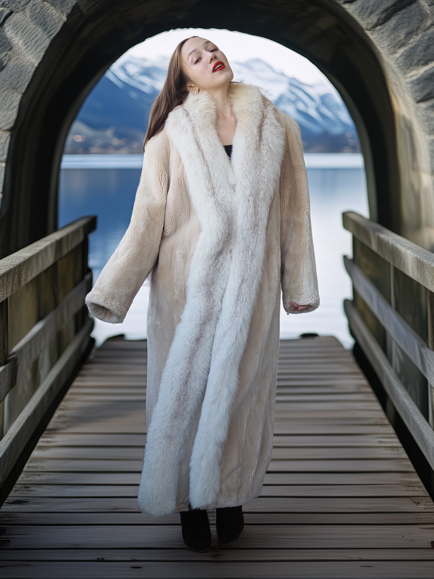 Woman in a fur coat standing on a wooden bridge with a scenic background
