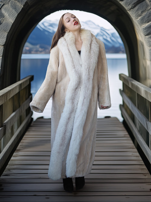 Woman in a fur coat standing on a wooden bridge with a scenic background
