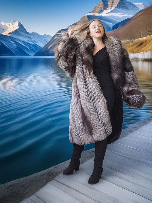 Woman in a fur coat standing on a wooden dock with mountains and a lake in the background
