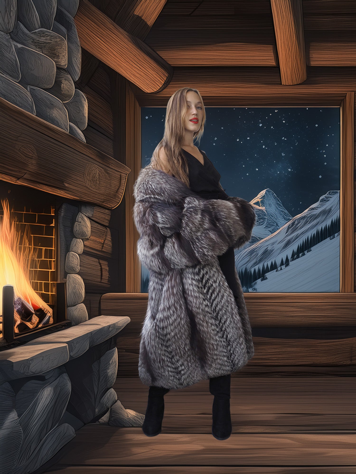 Woman in a fur coat standing in a cabin with a fireplace and mountain view.