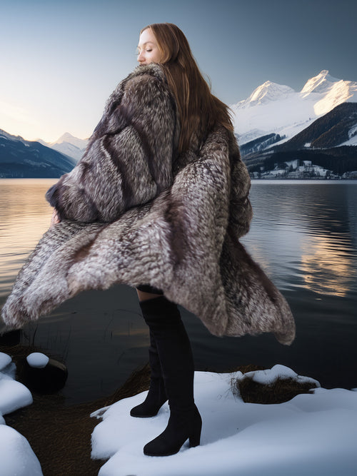 Person wearing a fur coat standing by a snowy landscape with mountains and water.