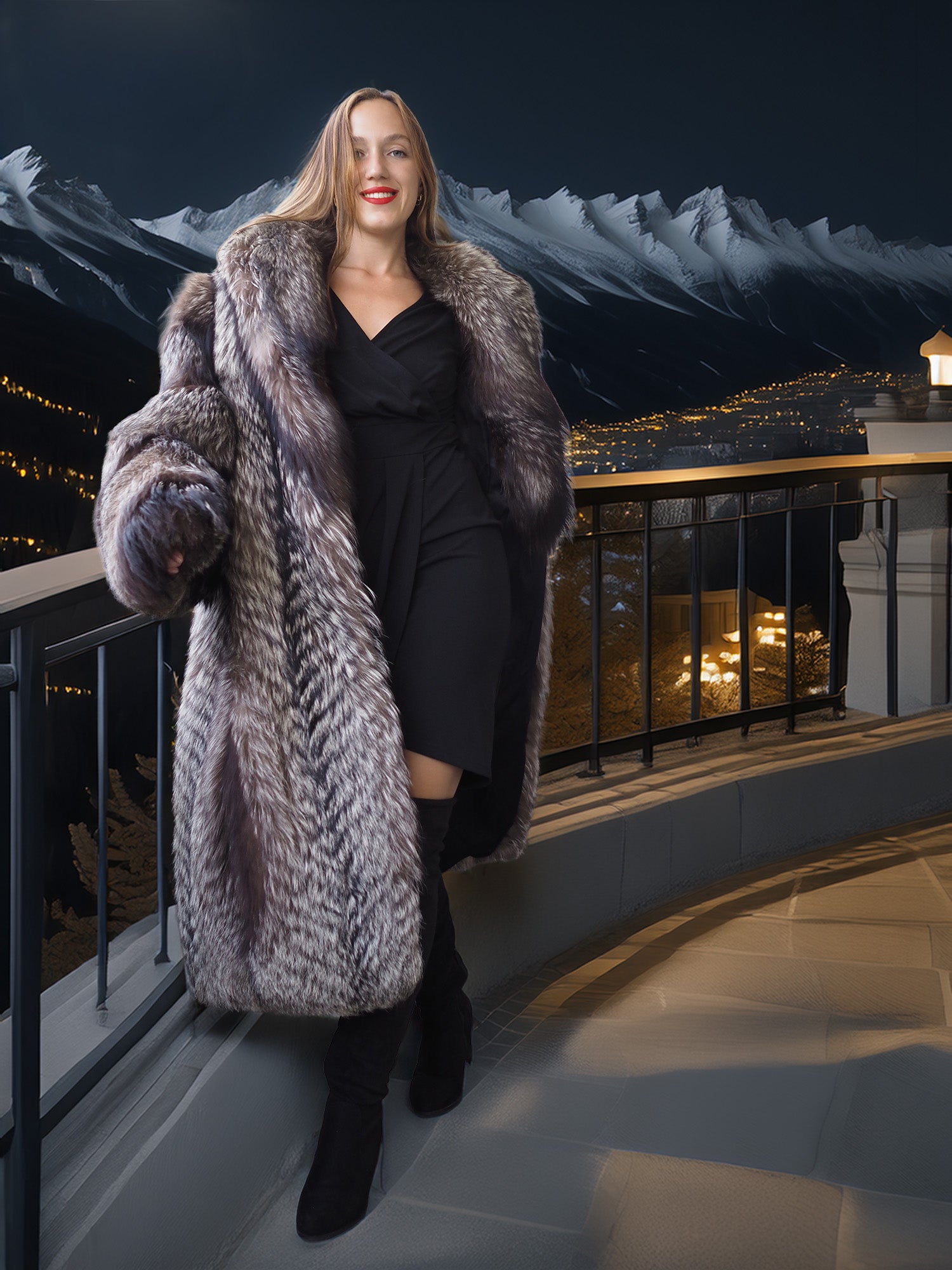 Woman in a fur coat standing on a balcony with mountain and cityscape background