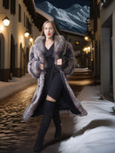 Woman in a fur coat standing on a snowy street with mountains in the background
