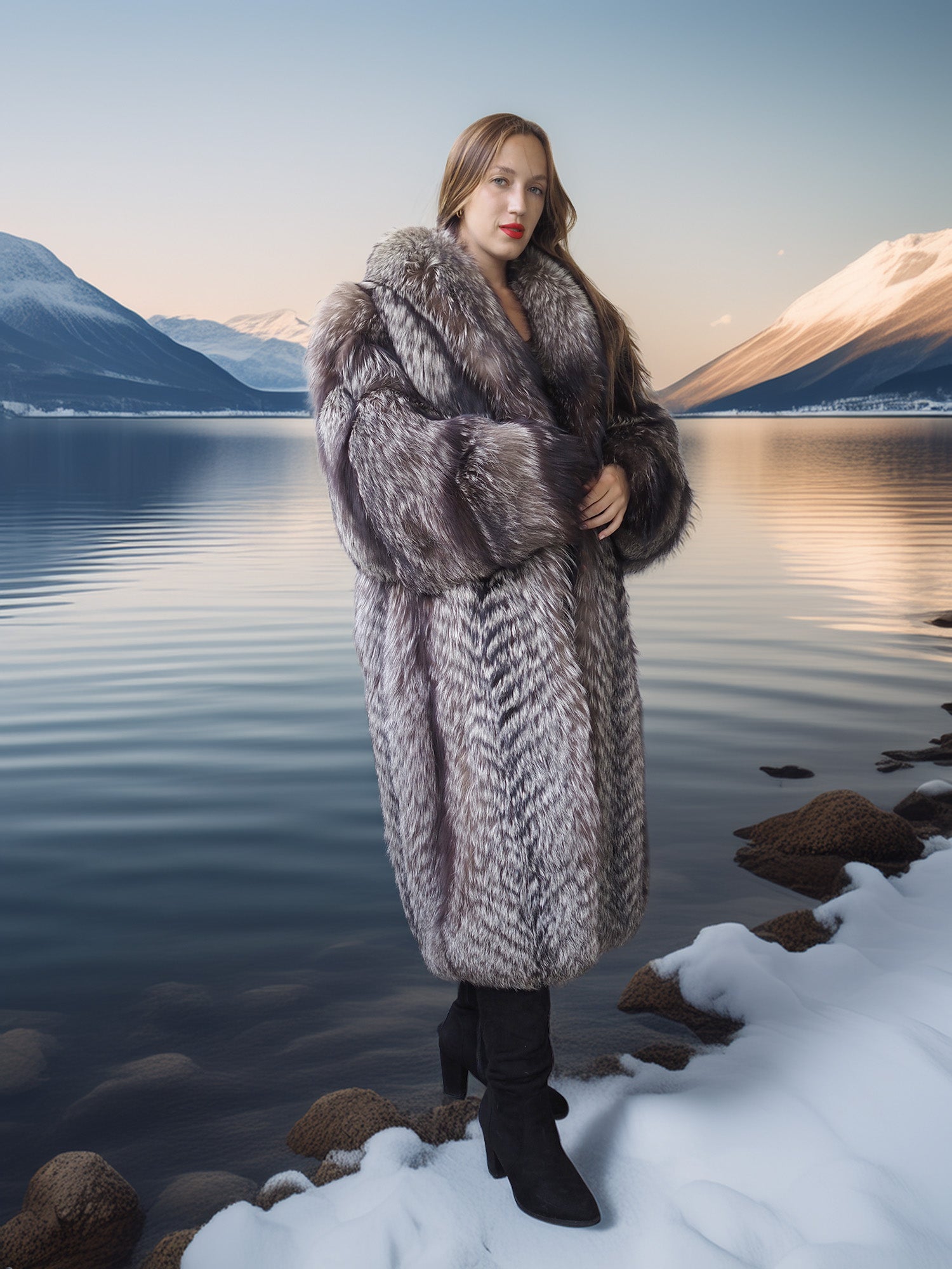 Woman in a fur coat standing by a lake with mountains in the background