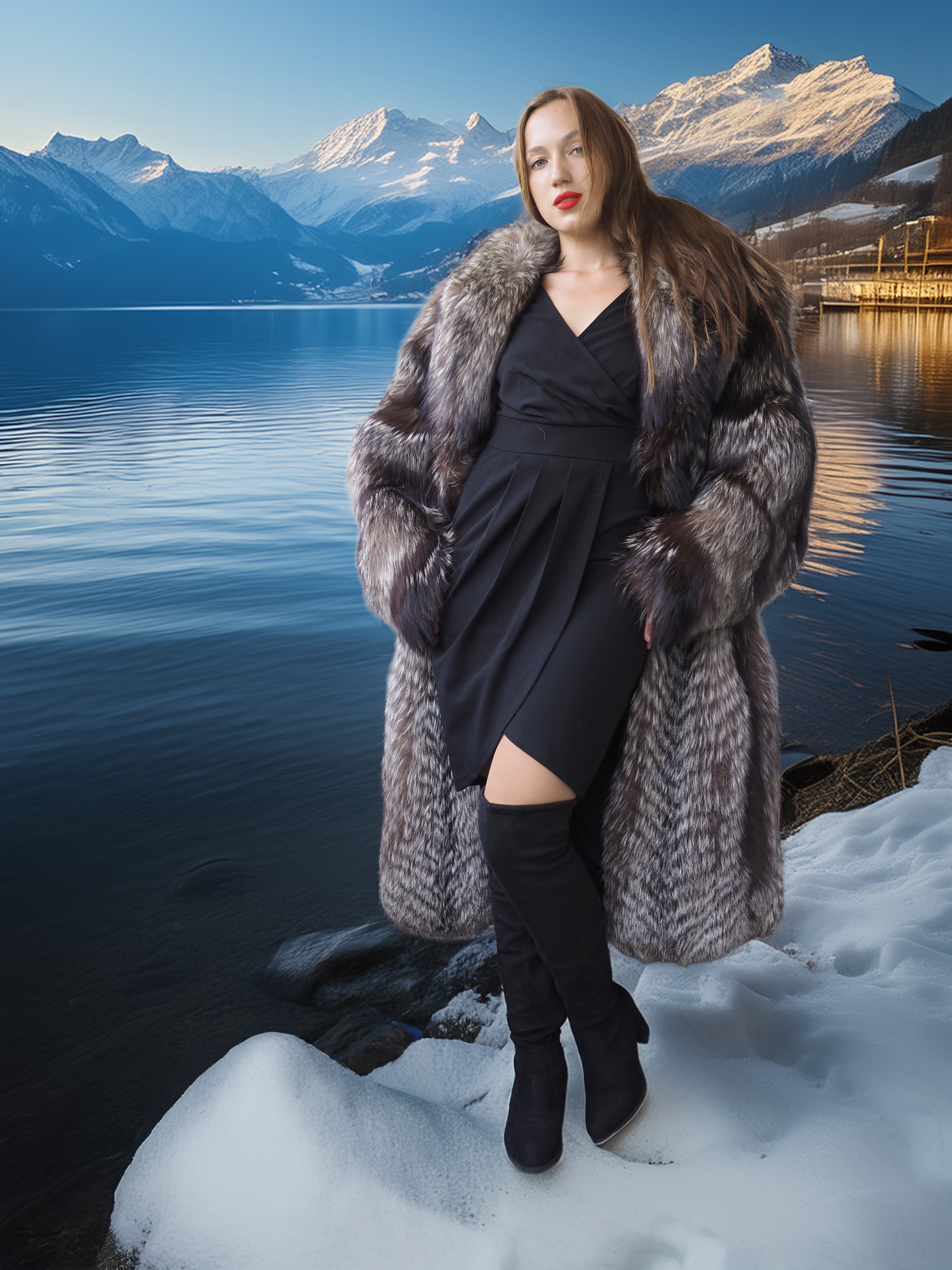 Woman in a fur coat standing on a snowy lakeshore with mountains in the background