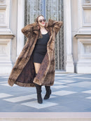 Espresso Mink Long Coat - Regal Swing open to show interior lining, paired with black mini dress and thigh-high boots for bold styling.